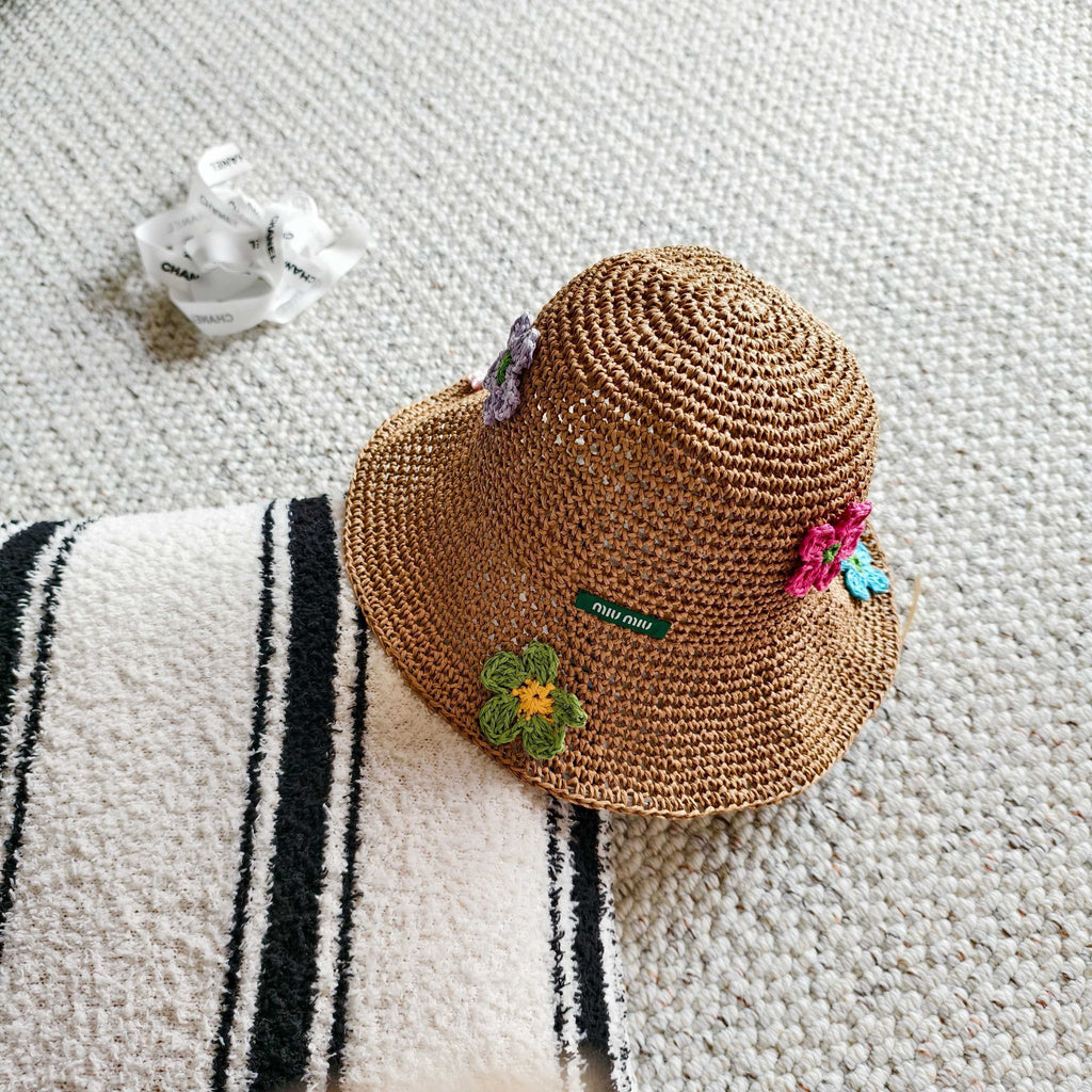 Miu Multicolor Flower Straw Bucket Hat 322156