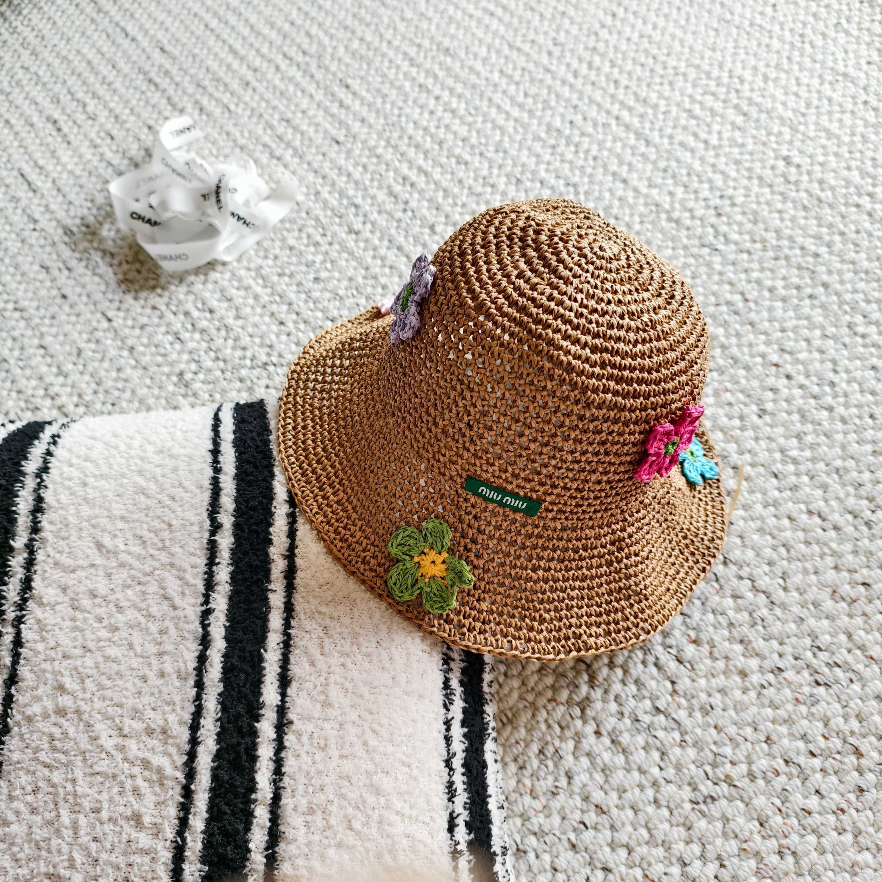 Miu Multicolor Flower Straw Bucket Hat 322156