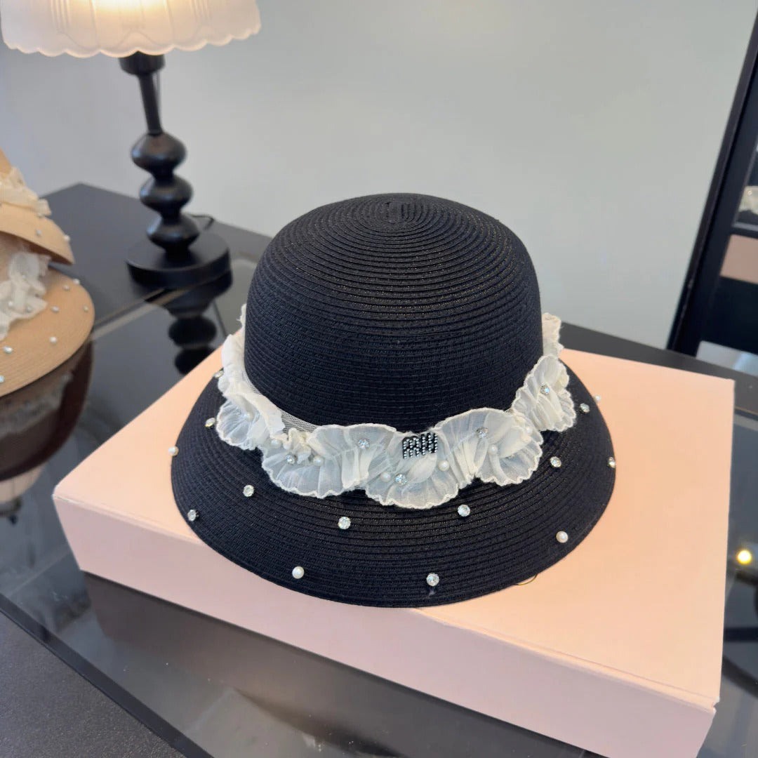 Miu Straw Hat With Lace And Rhinestone 278290