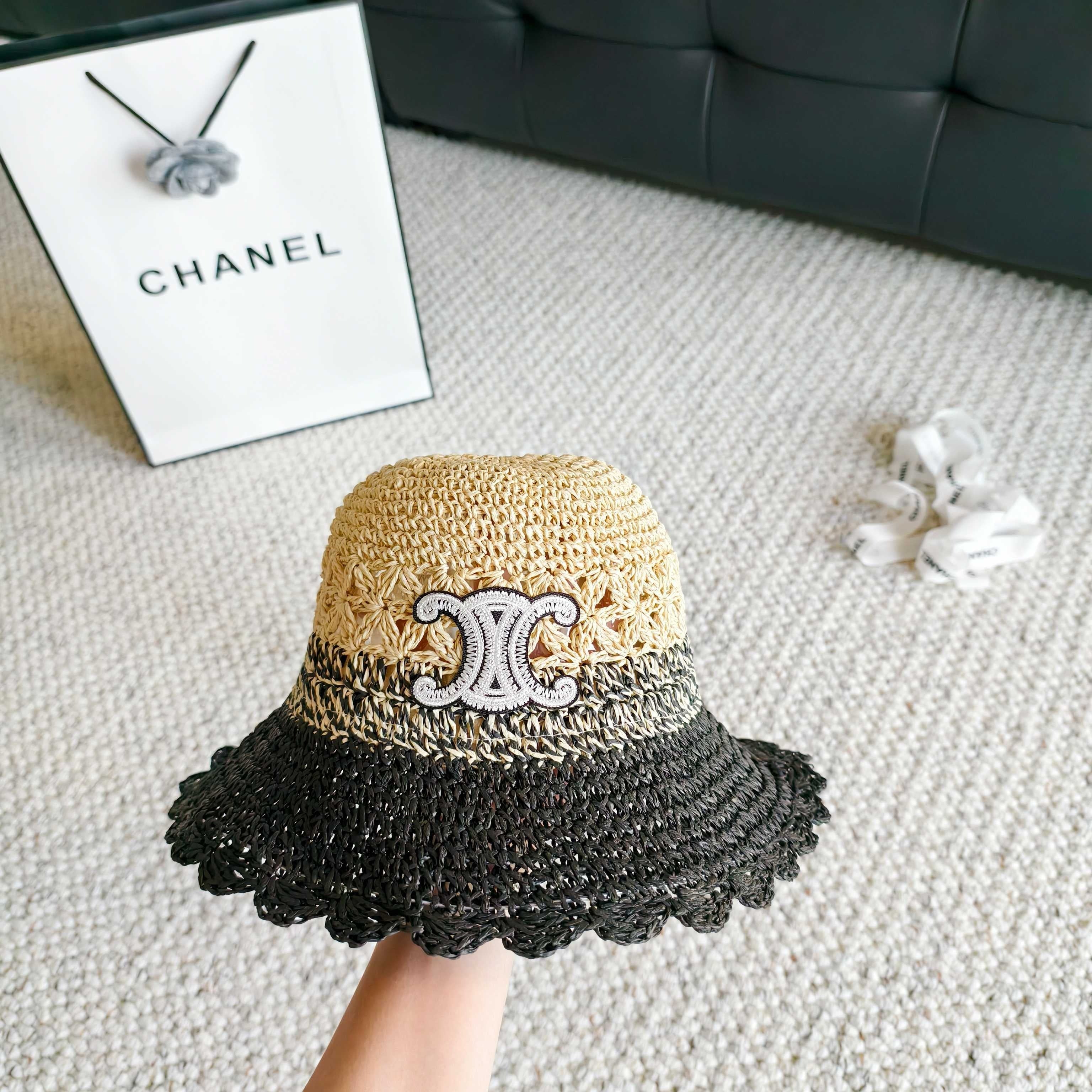 CL Hollow-out Woven Arc de Triomphe Straw Bucket Hat 322140