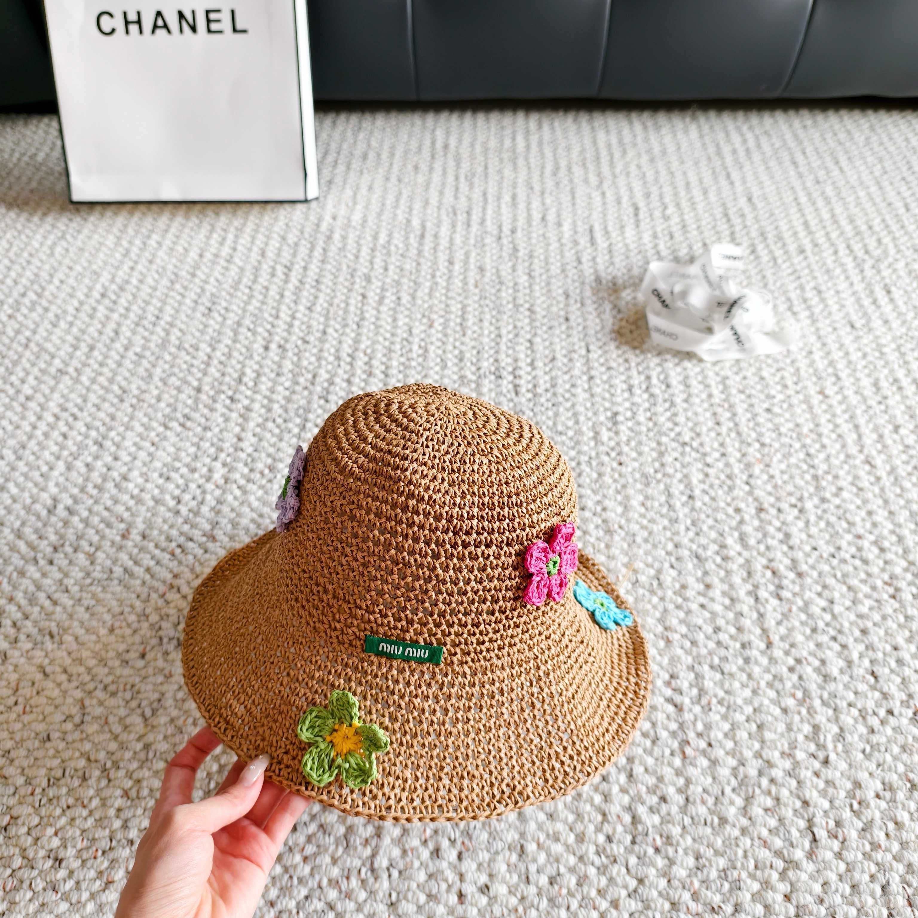 Miu Multicolor Flower Straw Bucket Hat 322156