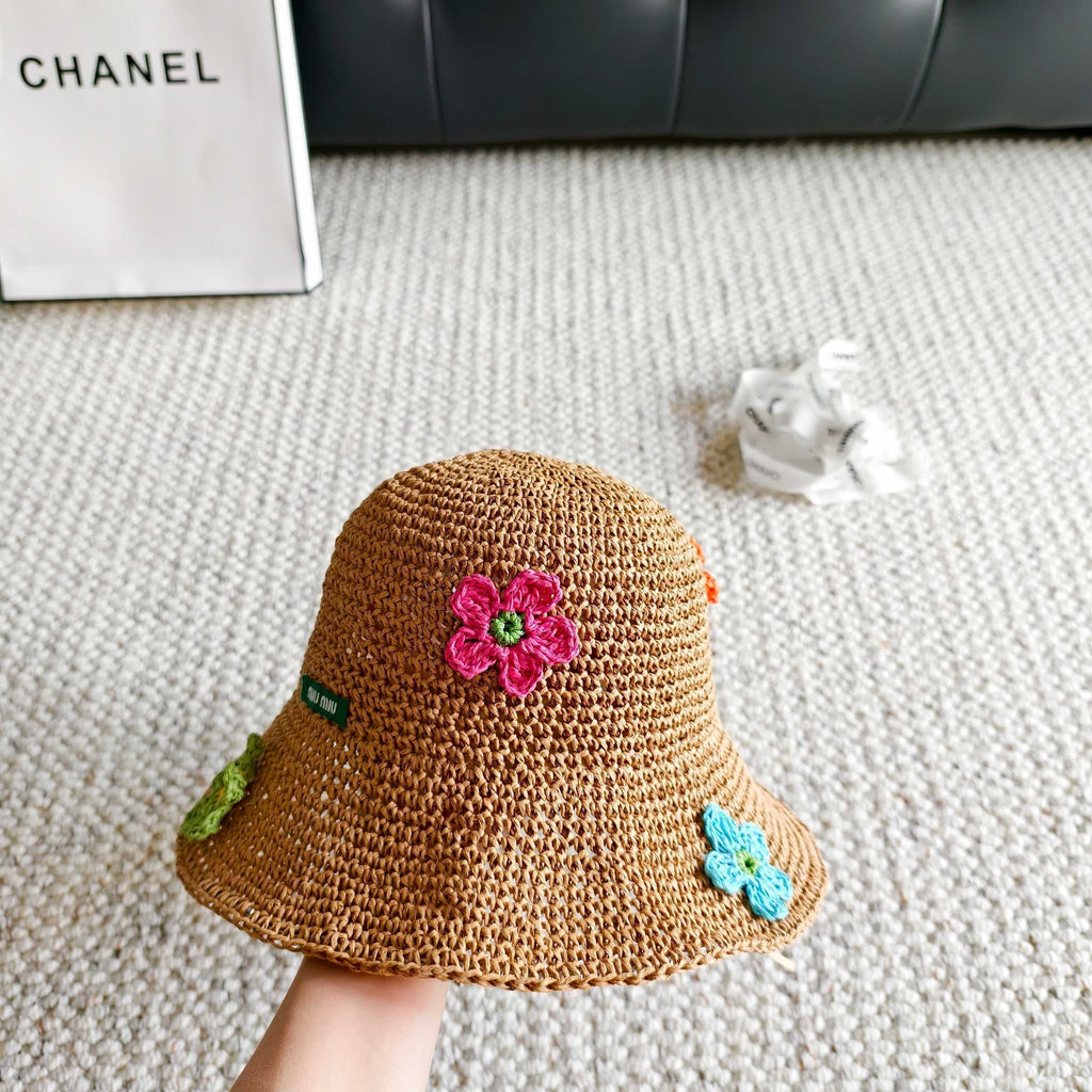 Miu Multicolor Flower Straw Bucket Hat 322156