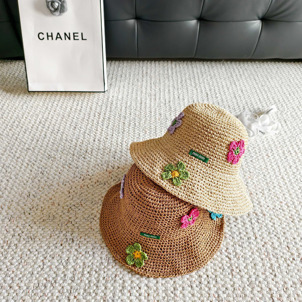 Miu Multicolor Flower Straw Bucket Hat 322156