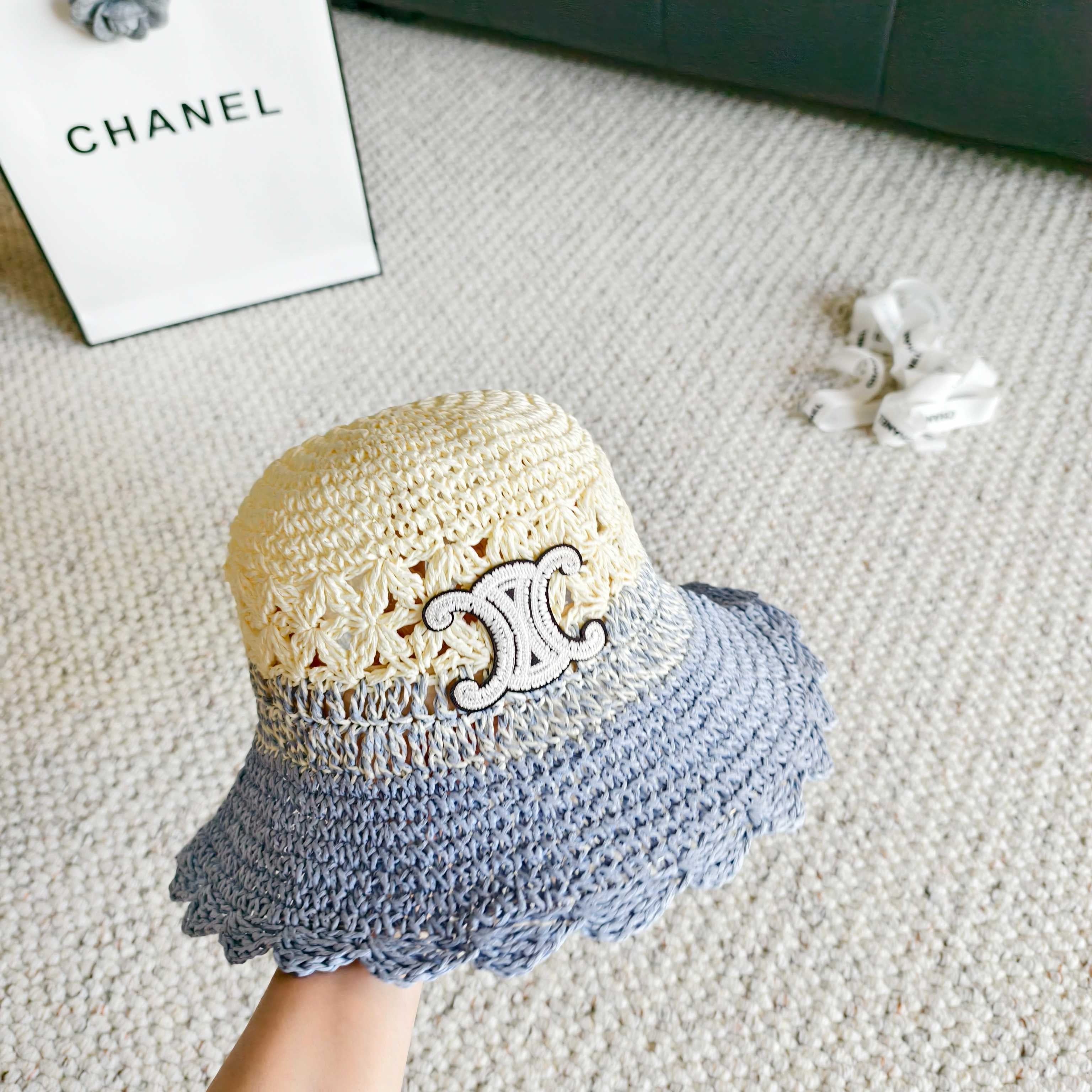 CL Hollow-out Woven Arc de Triomphe Straw Bucket Hat 322140